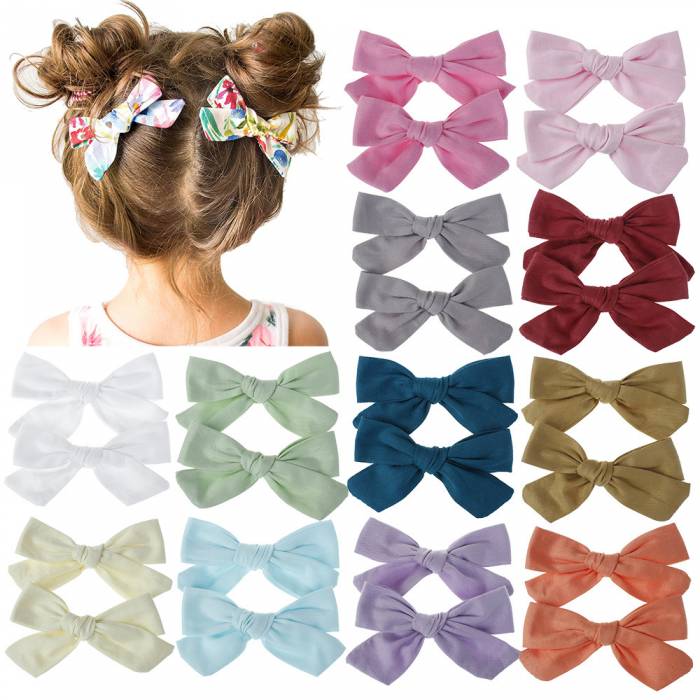 2pcs/set Solid/plaid Cotton Piggy Tail Hair Bows Clip For Baby Girls Handmade Hair Clip Hairgrip Barrettes Hair Accessories